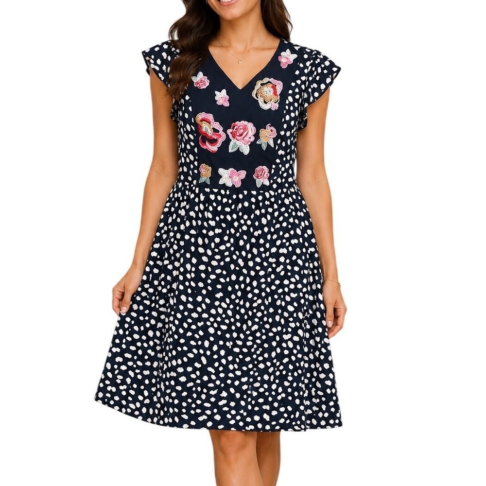Womens Kirund Black Spotted Floral Embroidered Dress Small Flutter Sleeve V-Neck